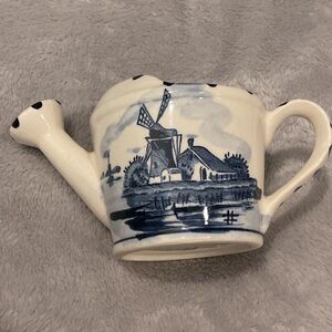 Blue and White Ceramic Watering Can Art Piece